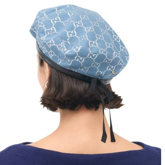 Gucci Canvas GG Monogram Denim Blue Wool Metallic Silver Beret main image 9